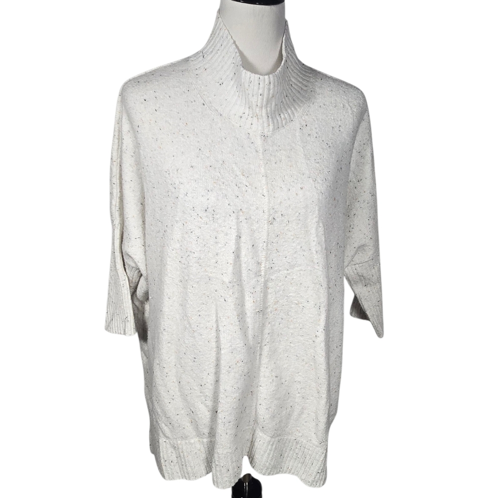 LOFT Outlet Petite L Speckled Off-White Oversize 3/4 Sleeve Turtleneck Sweater